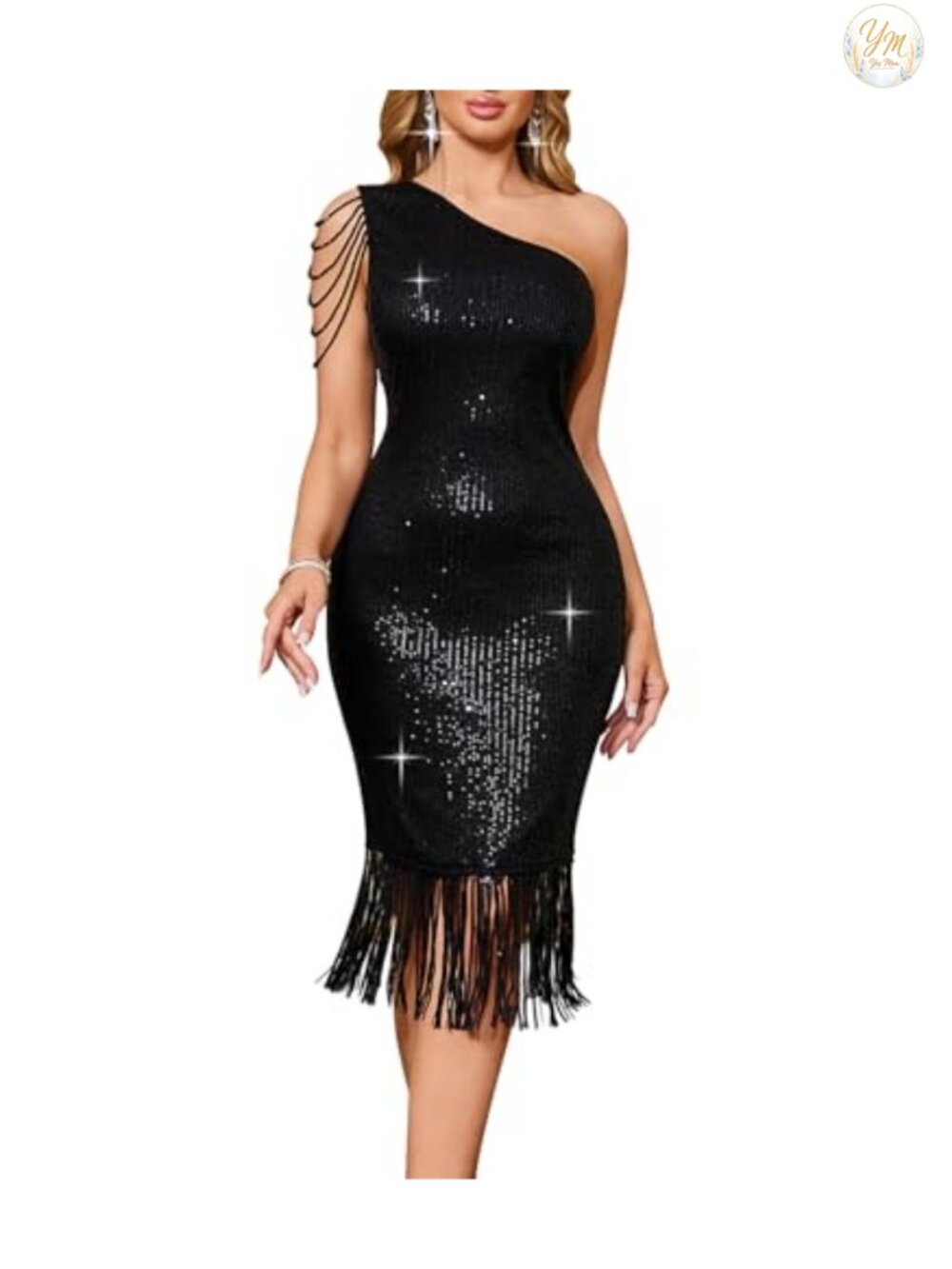 Women Sequin One Shoulder Long Sleeve Tassel Hem Bodycon Midi Dress Party
